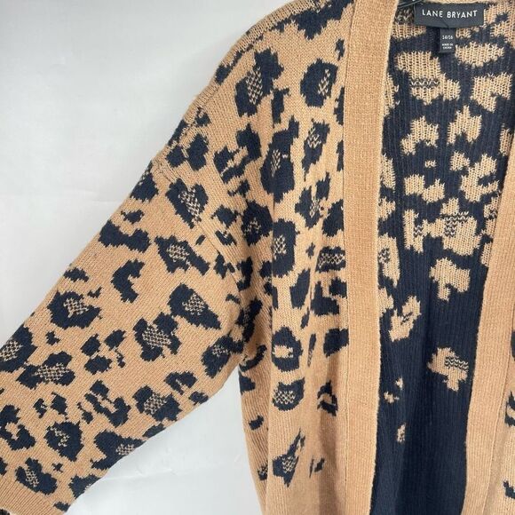 Lane Bryant longline Cardigan Sweater Open Front Leopard print Tan Black 14 16 - Picture 3 of 10